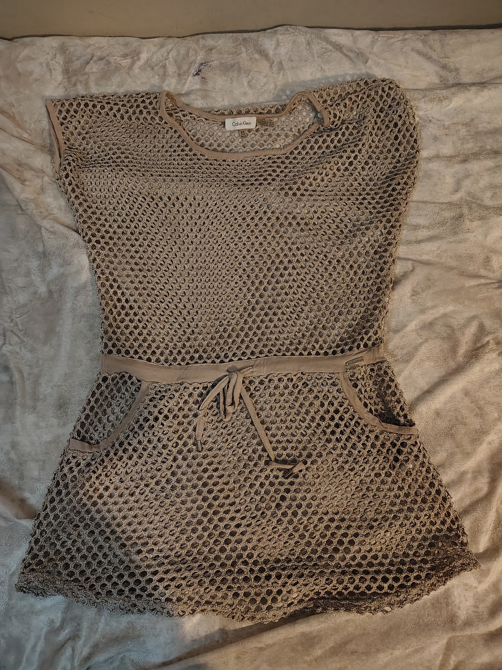 Calvin Klein Beige Crochet Cover Dress with Tie Waist
